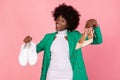 Joyful African Woman Showing Trendy Shoes Standing On Pink Background