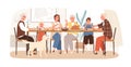 Joyful American family celebrating holiday sitting at dining table vector flat illustration. Happy children, parents and Royalty Free Stock Photo