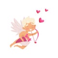 Joyful angel of love in flying action. Cupid with pink bow and arrows. Baby boy with little wings. Flat vector icon Royalty Free Stock Photo