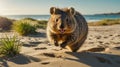 Adorable Quokka Running on Sunny Beach, Australia Royalty Free Stock Photo