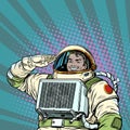 The joyful astronaut salutes, the cosmonaut captain. Soldier of the Universe