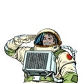 The joyful astronaut salutes, the cosmonaut captain. Soldier of the Universe