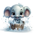 Joyful baby elephant splashing in a tub, water droplets everywhere, with big expressive eyes and a playful smile.