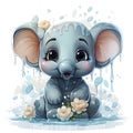 Joyful baby elephant with water droplets, surrounded by delicate flowers and playful bubbles.