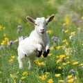Joyful baby goat leaps among flowers in sunny field