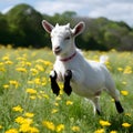 Joyful baby goat leaps among flowers in sunny field