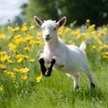 Joyful baby goat leaps among flowers in sunny field