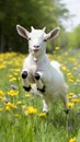 Joyful baby goat leaps among flowers in sunny field