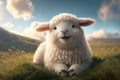 Joyful baby lamb with a toothy grin, surrounded by green fields and fluffy white clouds