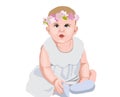 Joyful baby in white dress and socks with flower crown on head. Smiling and wondering