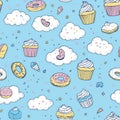 A joyful bakery world pattern with cupcakes that dance, pancakes flipping themselves, and Royalty Free Stock Photo