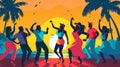 Joyful Beach Party Celebration: Young friends dancing and having fun together in a vibrant silhouette disco, surrounded