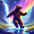 Joyful bear dancing in water under rainbow sky