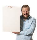 Joyful bearded man with blank paper folio studio portrait