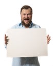 Joyful bearded man with blank paper folio studio portrait