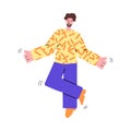 Joyful bearded man dances listening music, sketch vector illustration isolated.