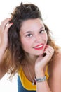 Beautiful caucasian woman with curly hairstyle wearing t-shirt yellow expressing cheer and good mood against white background