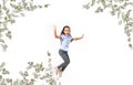 joyful beautiful little girl. cash dollars, on white background, isolated Royalty Free Stock Photo