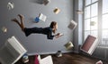 Joyful beautiful young levitating businesswoman. Mixed media Royalty Free Stock Photo