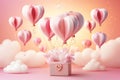 Joyful birth of baby boy heart balloons and gift boxes on pink background, symbolizing new life Royalty Free Stock Photo