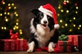 ai generated Joyful black and white Border Collie dog in Santa Claus hat stands beside Christmas tree and pile of gifts