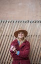 Joyful blond lady resting on street Royalty Free Stock Photo