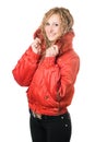 Joyful blonde in red jacket