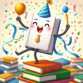 Joyful book character celebrating with party and balloons