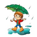 Joyful boy walking in the rain isolated on white Royalty Free Stock Photo