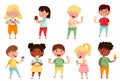 Joyful Boys and Girls Holding and Eating Ice Cream Vector Set