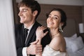joyful bride in elegant jewelry and Royalty Free Stock Photo
