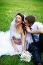 Joyful bride and groom