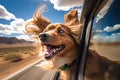 A Happy Brown Dog Sticking Its Head on a Speeding Car Window - Generative AI Royalty Free Stock Photo