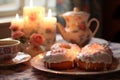 Joyful brunch with friends, beautifully arranged table, tempting treats, and scrumptious cupcake
