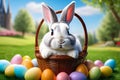 Cute bunny in a basket with colorful Easter eggs on green grass field with blurred background Royalty Free Stock Photo