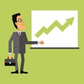 Joyful business man look at a chart or graph. Rising arrow, representing business growth. Royalty Free Stock Photo