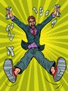 A joyful businessman with cash. Wealth lottery winnings bank income