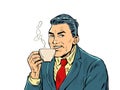 Joyful businessman drinking morning coffee. Hot drink. Cappuccino cocoa tea Royalty Free Stock Photo