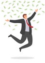 Joyful businessman jumping with happiness under falling money bills. Business success concept vector illustration