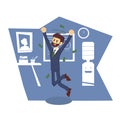 Joyful businessman jumping in office room. Color vector illustration