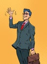 Joyful businessman in suit greets, hello hand gesture. positive smile