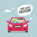 Joyful businessman traveling by car with suitcases and say Have a nice vacation. Royalty Free Stock Photo