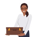 joyful businesswoman hugs suitcase with money. Happy boss and case with cash. Successful business pleasure goal Royalty Free Stock Photo