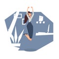 Joyful businesswoman jumping in office room. Color vector illustration