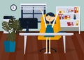Joyful businesswoman sitting in office room. Color vector illustration