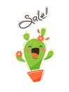 Joyful cactus reports a sale. Vector illustration in cartoon style