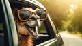 Joyful camel enjoys car ride, head out window with glasses, Ai Generated Royalty Free Stock Photo