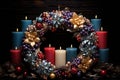 Joyful candle arrangement forms a festive wreath in top down perspective, merry christmas images, AI Generated