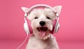 Joyful canine enjoys music with headphones. AI generative