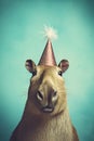 Joyful capybara celebrating birthday. Party, cake, and copy space. Vertical